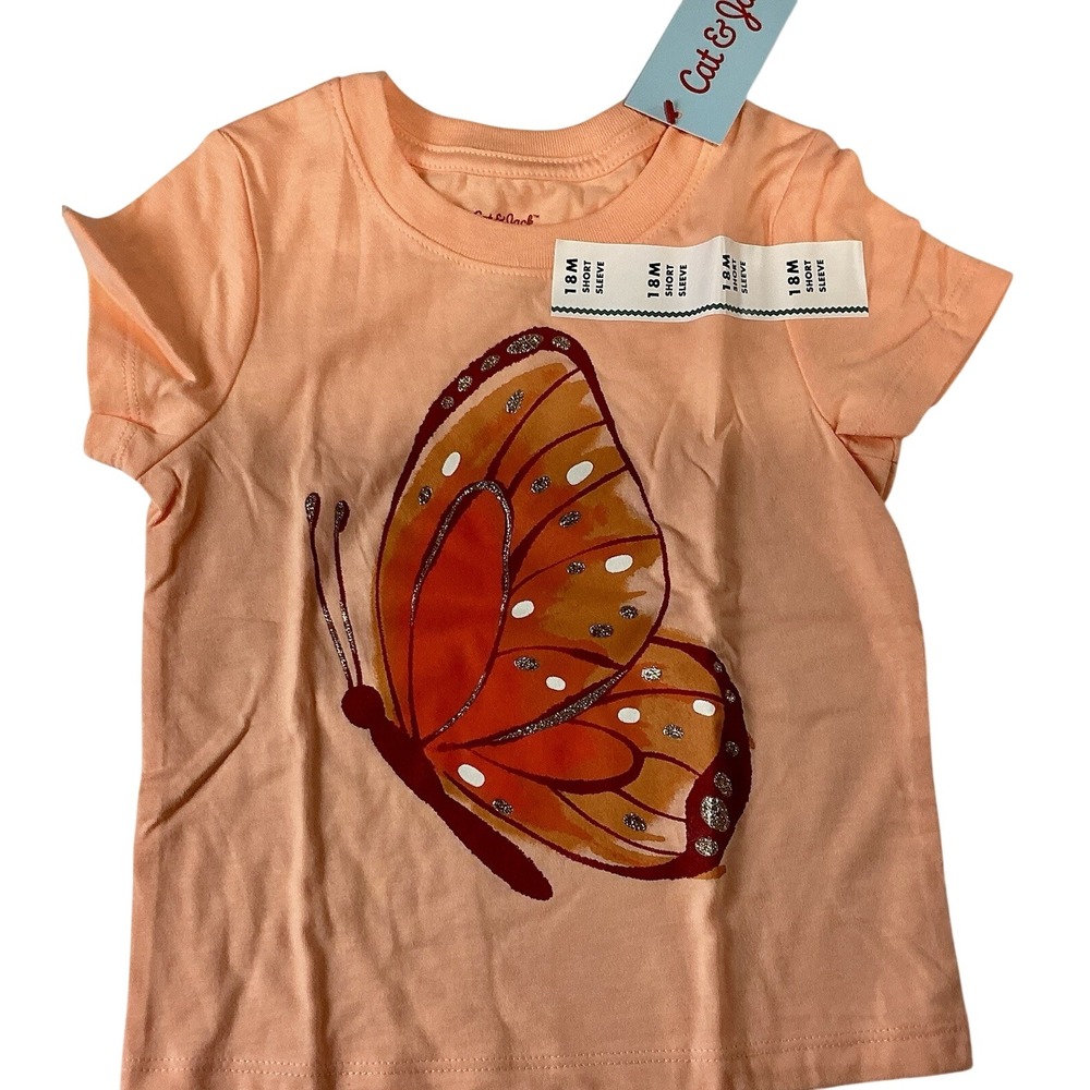 2 SHIRTS Cat Jack Toddler Girl Peach Butterfly Short Sleeve‎ T Shirt Size 18M
